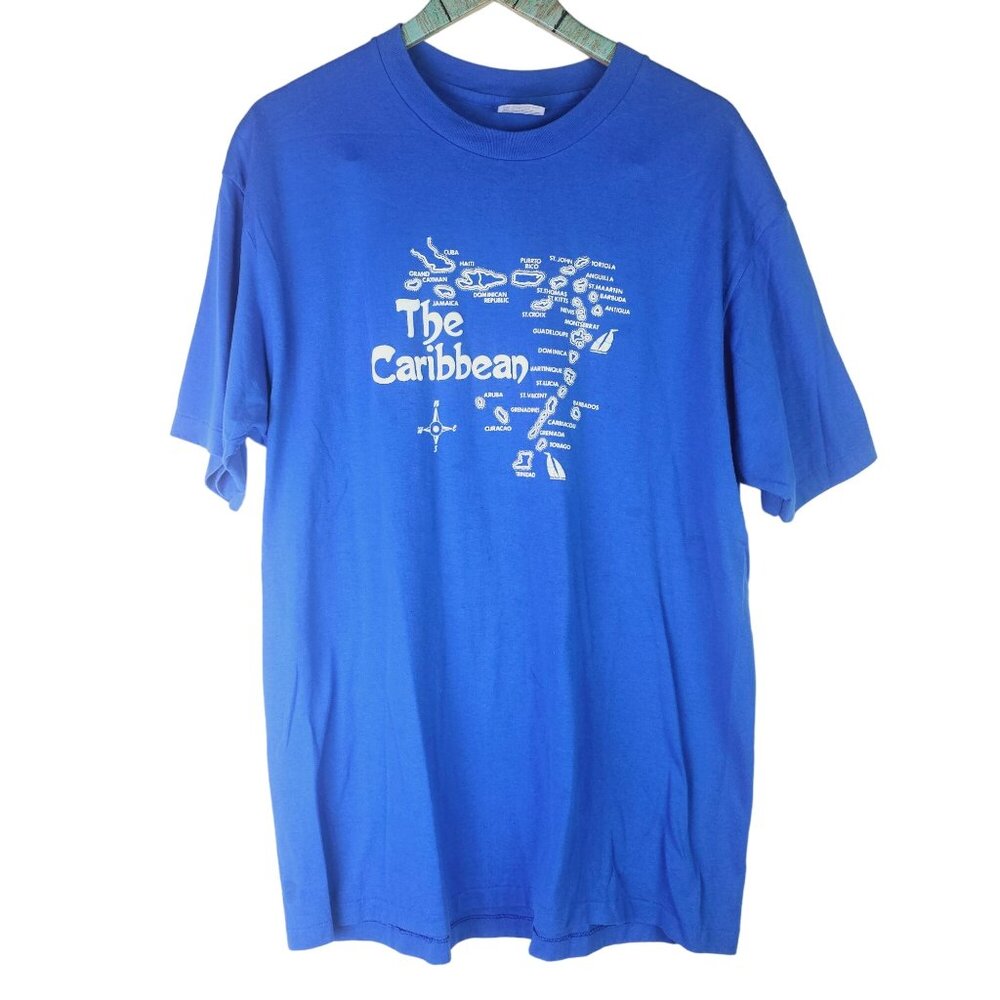 Vtg 1980's "The Caribbean" Puffy Print Island Hop Hanes Fifty-Fifty Tops Sz XL - Picture 2 of 6